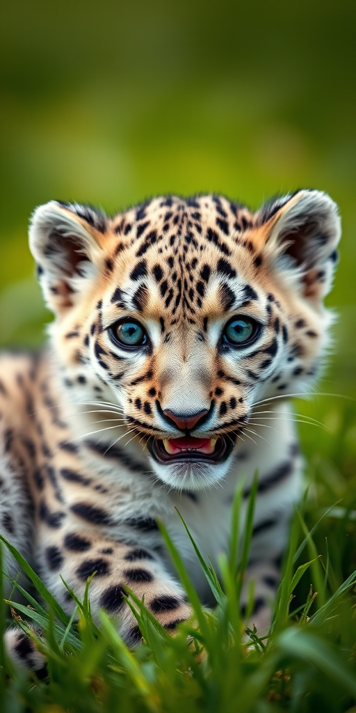 A close-up shot of a snow leopard cub with a shallow depth of field, shot with a Canon EOS R5 at f/2.8, ISO 200, 1/500s, capturing natural colors and soft background blur in a vibrant green grass setting.