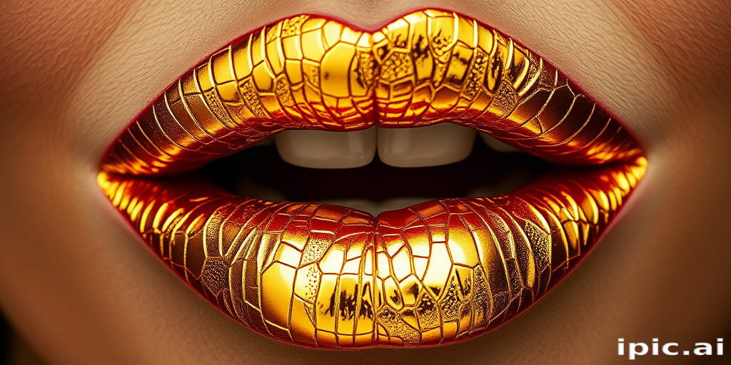 Glamorous gold leaf lips showcase intricate metallic patterns, creating a luxurious and artistic statement that gleams in the light