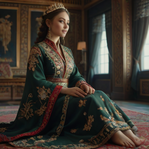 A beautiful Circassian woman in traditional East Asian attire, intricately detailed with embroidered patterns, sitting gracefully in a richly decorated room, soft ambient lighting, serene and elegant, ultra-realistic, 8K resolution