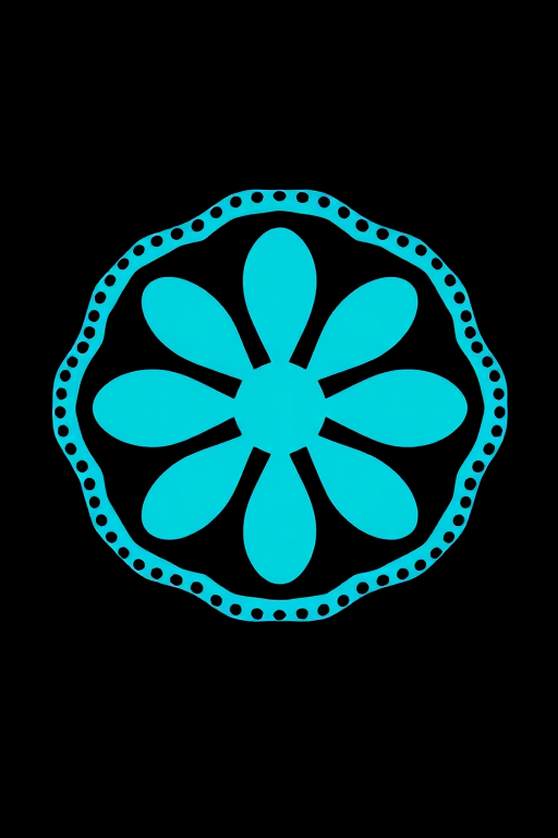 Generate an image of a turquoise flower-shaped emblem with a dotted outline on a black background, camera settings: f/2.8 aperture, 1/60 sec shutter speed, ISO 100, camera view: overhead, camera style: vibrant colors, camera type: DSLR.