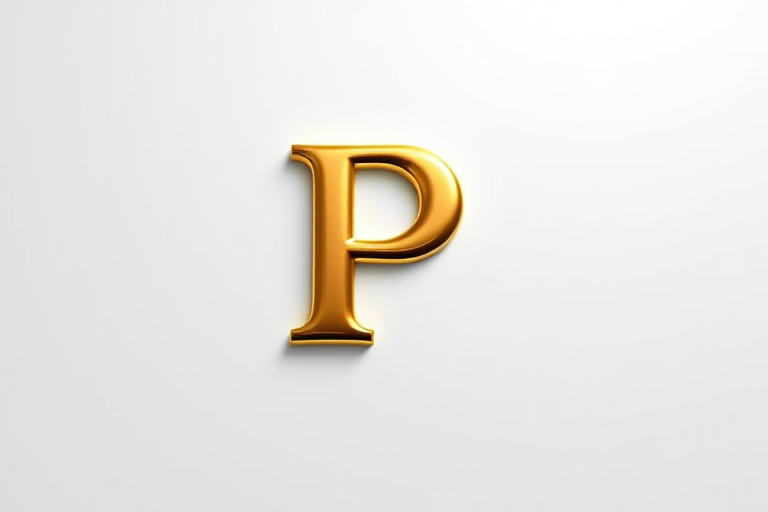 Create a 3D glossy gold letter "P" on a white background, with soft shadows and highlights, using a DSLR camera at f/2.8 aperture, ISO 100, 50mm lens, in high dynamic range style, with a top-down view for enhanced depth and clarity.