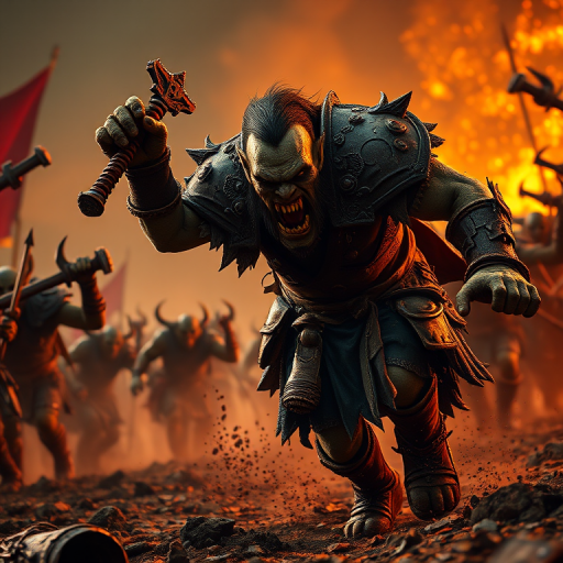 Create a highly detailed fantasy scene of a fierce orc warrior charging into battle with an army of orcs in the background, using a DSLR camera with a 50mm lens, aperture f/2.8, ISO 100, low angle perspective, and dramatic lighting to enhance the intensity of the scene.