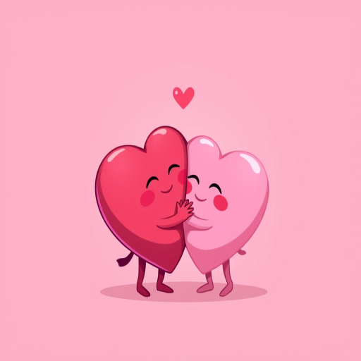 Create a digital illustration of two cartoon hearts embracing, one pink and one dark pink, on a soft pink background, using a Canon EOS R camera with a 50mm lens at f/2.8, 1/125s, ISO 100 for sharp details and vibrant colors.