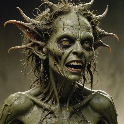 macabre style Grimacing grotesque goblin maiden, adorned with tangled grease-laden hair, her visage morphing like molten wax, numerous blemishes dot her countenance while elongated ears protrude, large warts with hair in them, encircled by sinister ferrofluid tendrils. Close-up of head, she gazes upward and sidelong, evoking awe (1.2) yet tainted by surprise (0.7). Light green skin beneath sombre rim lighting, style of Richard Corben, style of Glenn Fabry, . dark, gothic, grim, haunting, highly detailed,