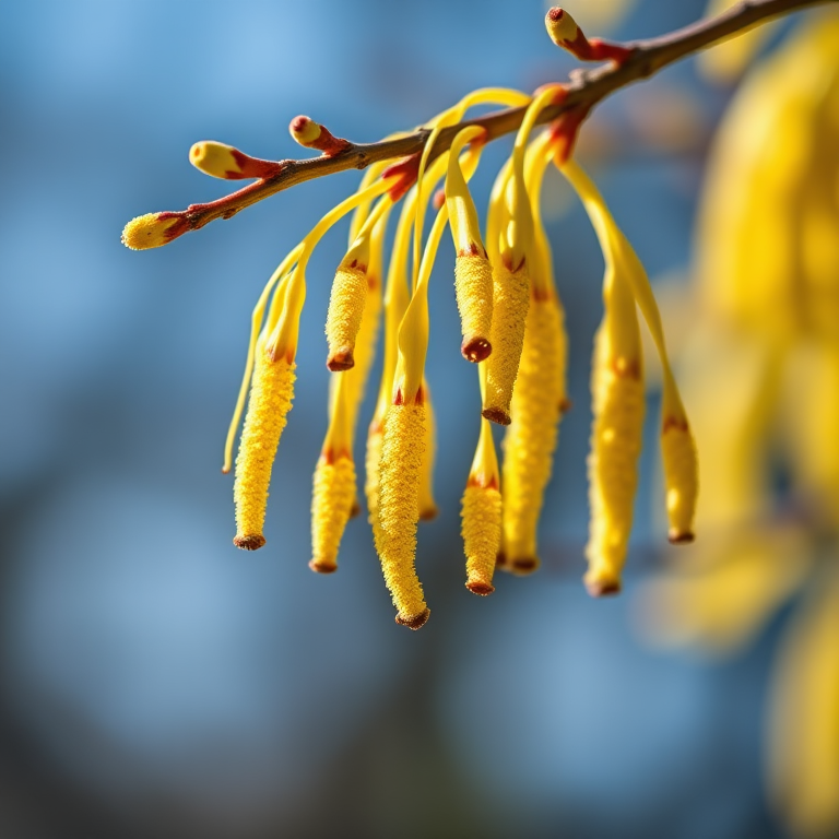 Create a high-resolution image of yellow catkins hanging from a branch against a blurred blue background, using a DSLR camera with a 50mm lens, aperture set to f/2.8, ISO 100, and a shutter speed of 1/200 sec, captured in natural light with a shallow depth of field for enhanced focus on the catkins.