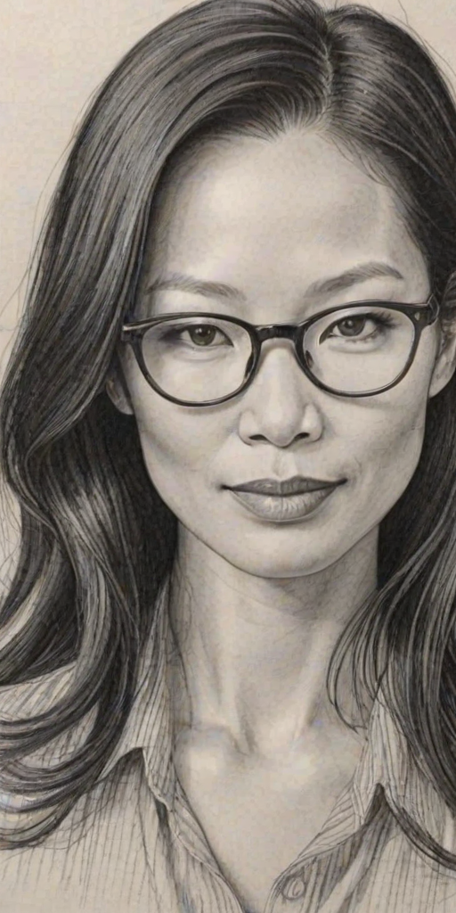 Dazzling Lucy Liu, pencil sketch, portrait of Bewitching woman 1922s in glasses, hair style beatnik, outline, clear lines, fine lines, 8k