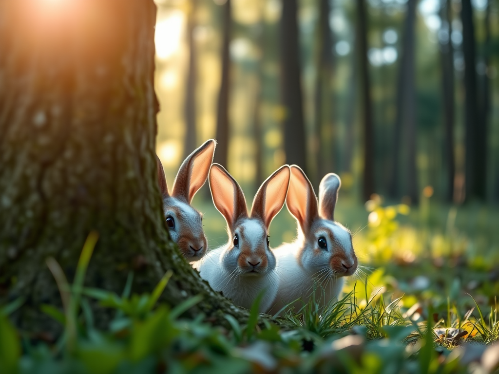 Create a highly detailed image of three rabbits peeking out from behind a tree in a lush forest with soft sunlight filtering through the trees, using a Canon EOS R5 camera with a 50mm f/1.2 lens at ISO 100, aperture f/2.8, and a shutter speed of 1/200 seconds for enhanced depth of field and clarity.