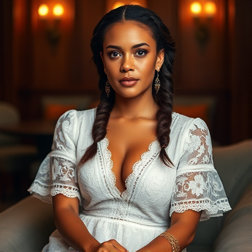 Create a portrait of a refined and elegant Samoan woman seated in a sophisticated setting. She has long, wavy hair styled in two thick braids that are pulled over her shoulders. She wears a white, lace gown with intricate patterns, featuring a deep V-neckline and short sleeves. The dress exudes a vintage charm with its delicate lacework. She is adorned with ornate, dangling earrings that add a touch of glamour to her appearance. The background is softly lit, with warm, ambient lighting that creates a cozy and inviting atmosphere. Her expression is poised and serene, capturing a sense of grace and elegance.