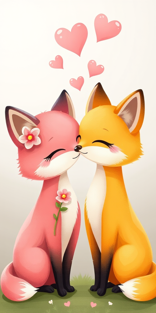 illustration of two cute cartoon foxes, one pink with a flower and one yellow, kissing with hearts above, soft pastel colors, high resolution, 50mm lens, f/1.8 aperture, natural light, center composition, digital art style