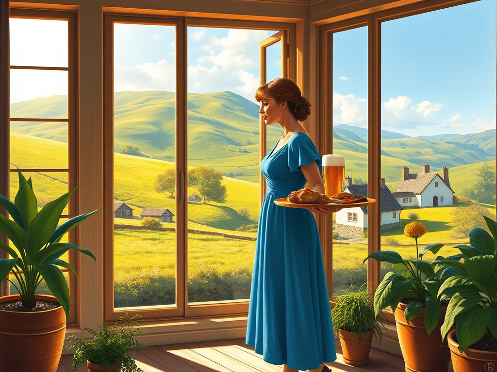 In "A Glass of Beer on the Highland," a serene scene is depicted in a sunlit room where a woman in a vibrant blue dress stands by a large window. She holds a tray with a hearty meal and a frothy glass of beer, embodying a moment of relaxation. Outside, the breathtaking highland landscape features rolling green hills and a charming traditional house, all bathed in warm afternoon light. The interior is adorned with potted plants, creating a harmonious blend of comfort and nature. The painting beautifully captures the tranquility and joy found in simple pleasures amidst stunning scenery