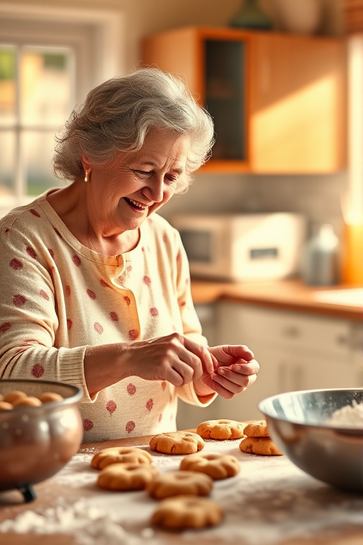 High-resolution, warm image of a grandmother and grandchild baking cookies together in a sunlit kitchen, flour dusting the countertops, soft light streaming through the window, the smell of freshly baked cookies filling the air, a warm, nostalgic atmosphere captured.