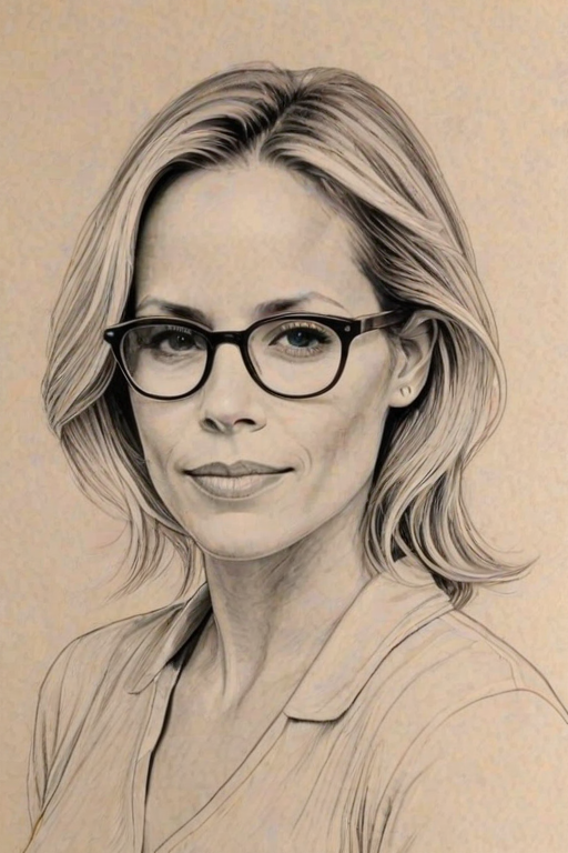 Delightful Maria Bello, pencil sketch, portrait of Charming woman 1976s in glasses, hair style beatnik, outline, clear lines, fine lines, 8k