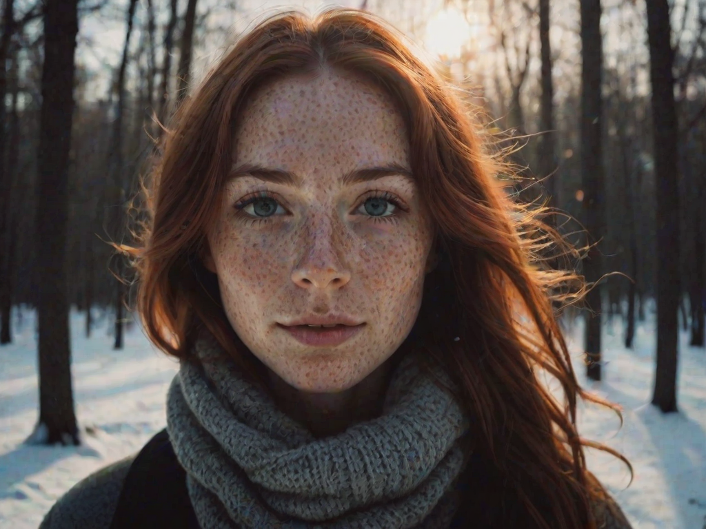 Instagram photo of a woman with freckles on her face in the winter outdoors silhouette illumination of her hair. Taken with a ProPhoto iPhone camera