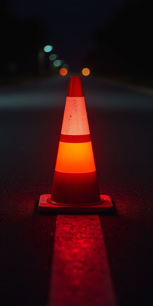 Capture a bright red and white traffic cone illuminated in low light on a dark asphalt road using a DSLR camera with a 50mm lens at f/2.8, ISO 200, and a shutter speed of 1/60s, focused from a low angle to enhance depth and detail.