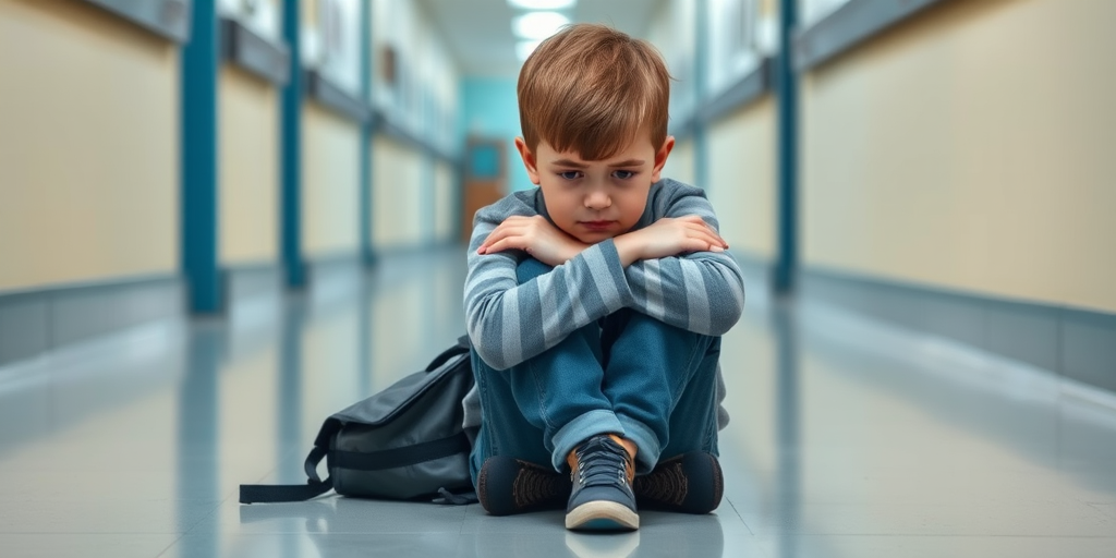 A young boy sitting on the floor of a school hallway, hugging his knees with a worried expression, backpack beside him, natural lighting, 50mm lens, f/1.8 aperture, ISO 200, soft focus background, shallow depth of field, shot with a full-frame DSLR.