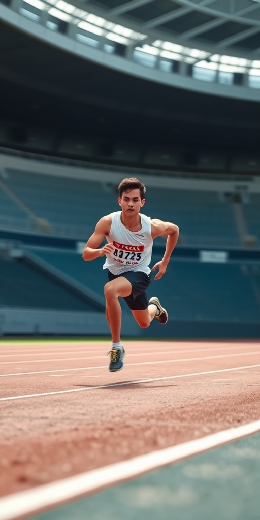 high-speed photograph of a male athlete sprinting on a track, using a 50mm lens at f/2.8, ISO 400, shutter speed 1/1000s, dynamic low-angle view, natural lighting, captured with a DSLR camera