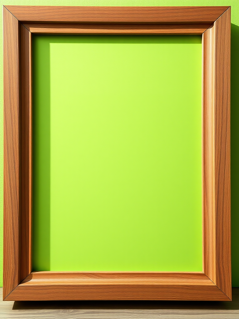 Create a high-resolution image of a wooden-framed picture with a smooth green background, using a 50mm lens, f/2.8 aperture, ISO 100, in natural lighting, with a DSLR camera from a frontal perspective to enhance clarity and depth.