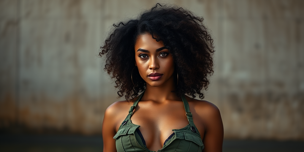 Create a portrait of an attractive woman with a large curly hairstyle, wearing military-style swimwear, shot with a Canon EOS R5 at f/1.8, ISO 100, 85mm lens, with a soft focus background and dramatic lighting.