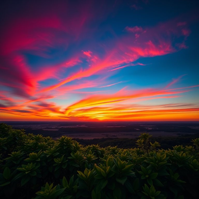 Create a vibrant sunset landscape with vivid colors, capturing the horizon with lush greenery in the foreground, shot using a Canon EOS R5, aperture f/8, ISO 100, shutter speed 1/200 sec, in landscape orientation, to enhance the image quality.