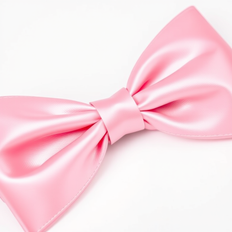 Regenerate an image of a pink bow with a glossy finish, high resolution, captured with a DSLR camera at f/4 aperture, ISO 100, in natural soft lighting, with a close-up view on a white background to enhance detail and texture.