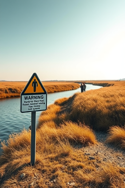 capture a serene landscape featuring a warning sign near a river with two people fishing, golden grass in the background, soft natural lighting, taken with a Canon EOS R5, 24mm lens, f/8 aperture, ISO 100, 1/125 sec exposure, wide-angle view for depth and clarity
