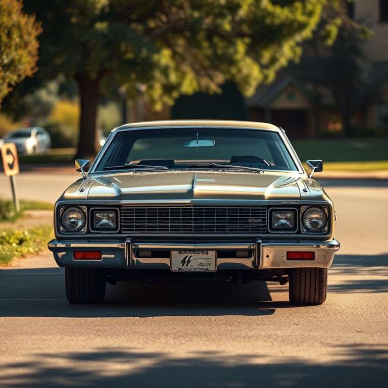 Generate a high-resolution image of a classic sedan, frontal view with soft natural lighting, using a DSLR camera at f/4, ISO 100, 1/200s shutter speed, with a focus on sharp details and rich textures.