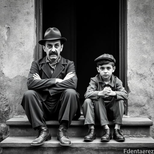 A black-and-white photograph of a man and a child sitting on steps in front of a doorway. The man is dressed as a tramp with a bowler hat, mustache, and ragged clothes, reminiscent of Charlie Chaplin's iconic look. He is sitting with his arms crossed and an expression of slight sadness or frustration. Next to him is a young boy, also in worn clothes and a cap, sitting with his hands clasped, looking thoughtful. The background is an old, textured wall and a partially open door, creating a vintage, early 20th-century atmosphere.