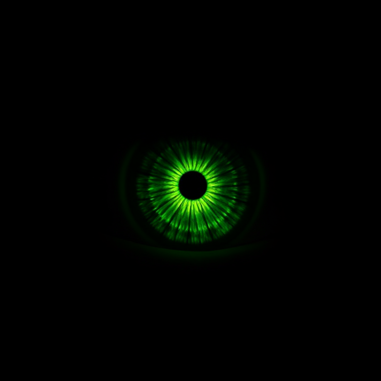 Create a high-resolution close-up image of a mysterious green eye in the dark, using a DSLR camera with a 50mm lens, aperture set to f/1.8, ISO 100, and a shallow depth of field for enhanced focus.