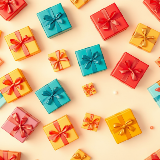 Create a seamless pattern of stylized gift boxes with ribbons in warm colors on a soft pastel background, captured with a 50mm lens at f/4, ISO 100, and a top-down view using a digital mirrorless camera to enhance image quality.