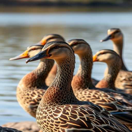 a group of ducks standing near a calm lake, focus on their intricate feather patterns, soft natural lighting, f/4 aperture, ISO 200, shutter speed 1/500s, 50mm lens, portrait view, DSLR camera