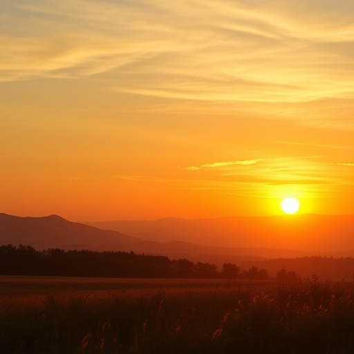 Generate a high-resolution image of a serene landscape at sunset, using a DSLR camera with a 50mm lens, aperture f/1.8, ISO 100, shutter speed 1/200s, straight view, in vibrant colors and soft lighting for enhanced depth and clarity.