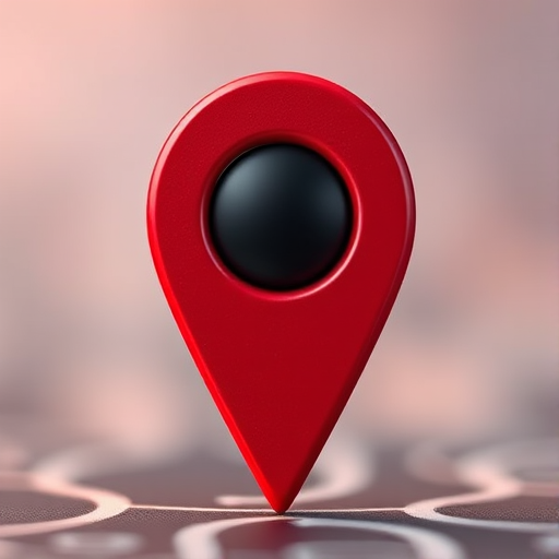 Create a high-resolution image of a red location pin with a black center, shot in 4K resolution using a DSLR camera, f/2.8 aperture, ISO 100, 35mm lens, with a shallow depth of field and soft background blur to enhance clarity and focus on the pin.