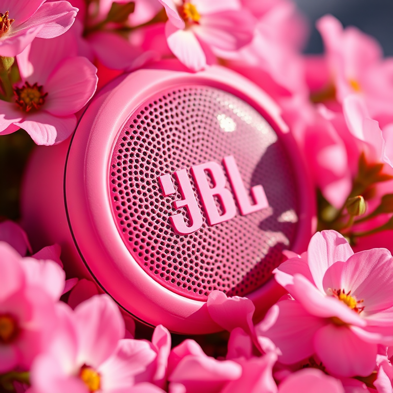 Close-up of a pink JBL speaker surrounded by soft pink flowers, natural light, f-stop 2.8, shutter speed 1/100 sec, ISO 100, macro lens, shallow depth of field.