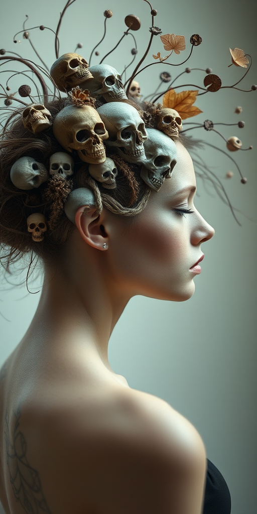 Create a surreal portrait of a woman with an intricate, organic hair design featuring skulls and abstract shapes, soft-focus background, shot with a Canon EOS R5 at f/1.8, ISO 100, 85mm lens, natural lighting for a dreamlike atmosphere.