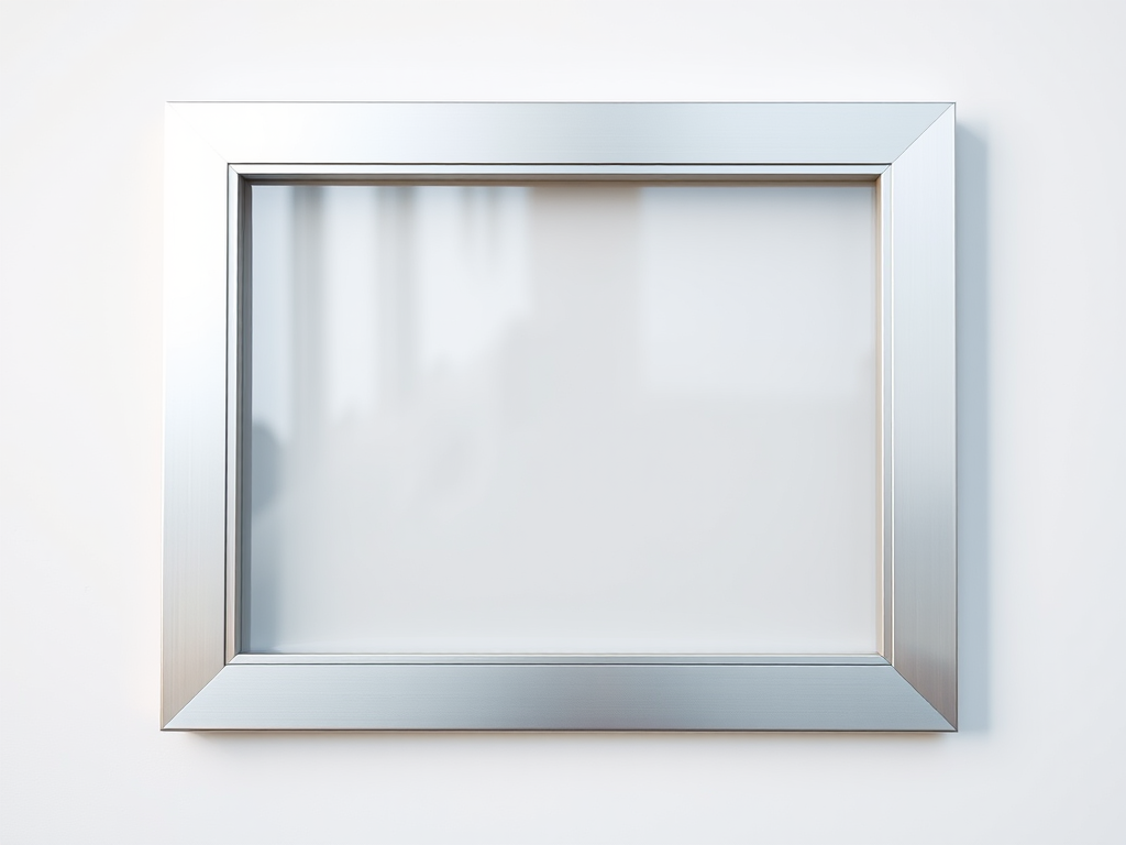 Create an image of a sleek, modern silver border square frame with a transparent center, taken with a DSLR camera at f/2.8 aperture, ISO 100, 50mm lens, in soft natural lighting, using a shallow depth of field for emphasis on the frame's details.