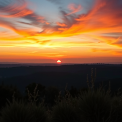 Generate a high-resolution image of a serene sunset landscape with vibrant colors, captured with a Canon EOS R5 camera, using a 24-70mm f/2.8 lens, aperture set at f/8, shutter speed at 1/125 sec, and ISO 100, in landscape orientation with a focus on depth of field and natural light.