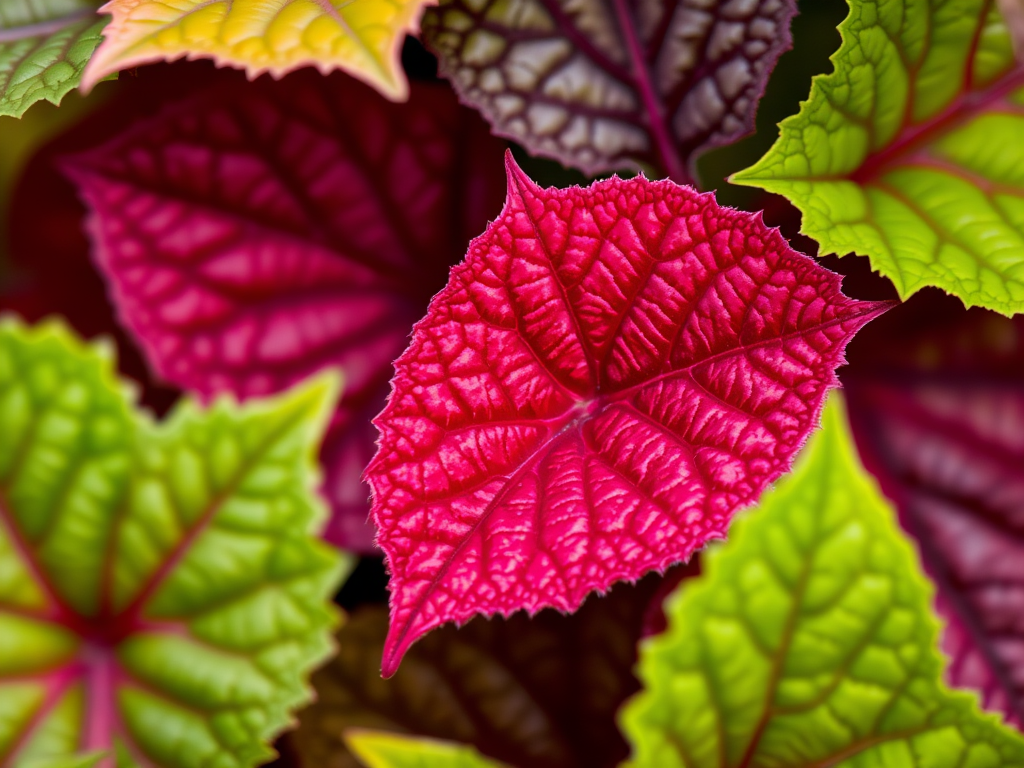 macro shot of vibrant green and dark red leaves with intricate textures, shallow depth of field, natural lighting, f/2.8 aperture, 100mm lens, ISO 200, captured with a DSLR camera, focus on leaf details.