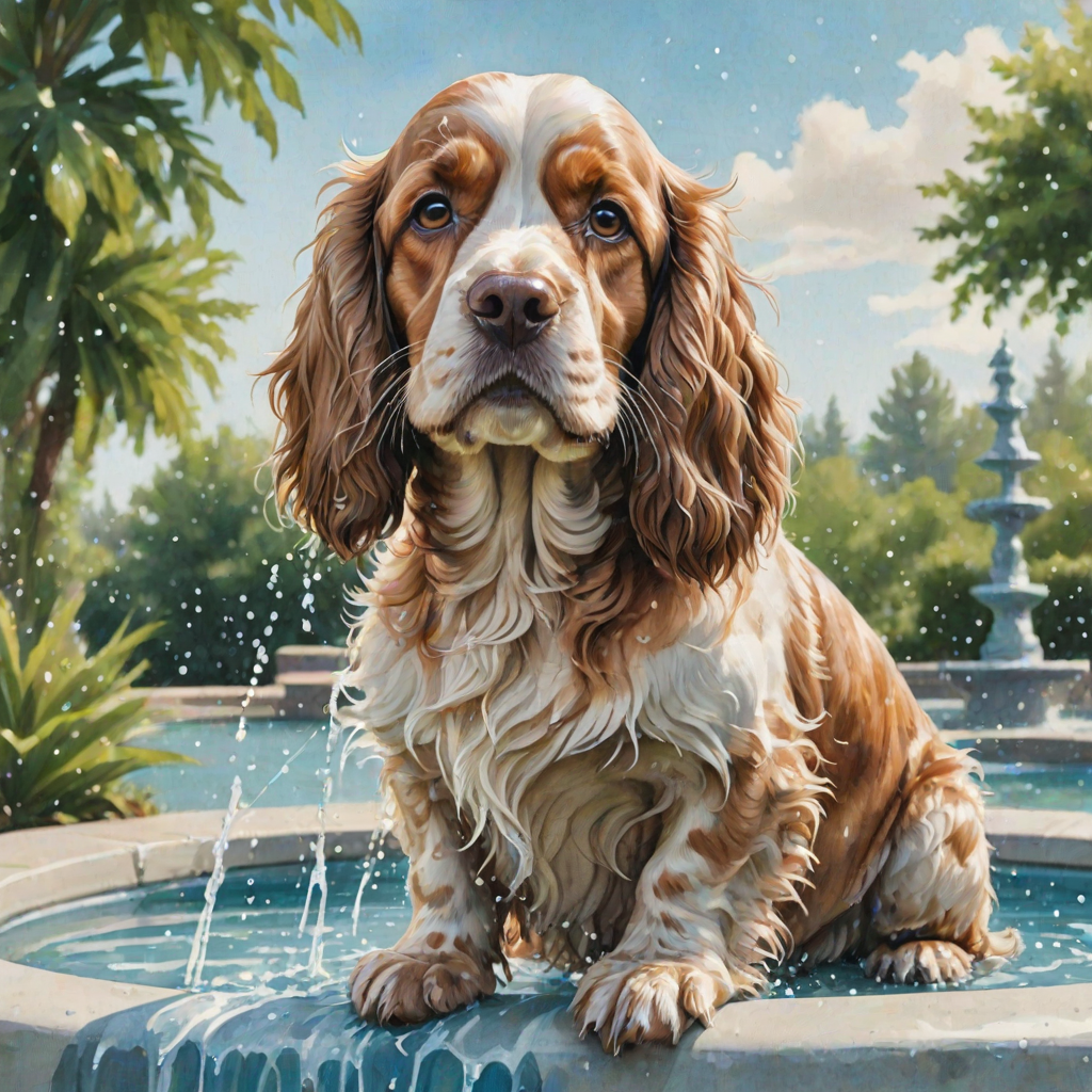 Watercolor ink illustration, A digitally created artwork of a Cocker Spaniel dog leaning on a water fountain, eyes closed, tongue out as if lapping water. The white dog has brown and cream patches, especially on its ears and face. Water splashes around it with detailed droplets. The background features a soft blue-green gradient, suggesting a sunny day. The style is realistic, focusing on the texture of fur and water for a lifelike, vibrant feel.