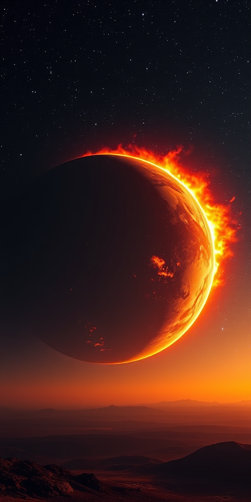 Create a high-resolution image of a fiery planet engulfed in flames against a starry sky, captured with a Nikon D850 at f/11, ISO 100, 1/200 sec, wide-angle lens, focus on the planet with a dramatic view of the landscape below.