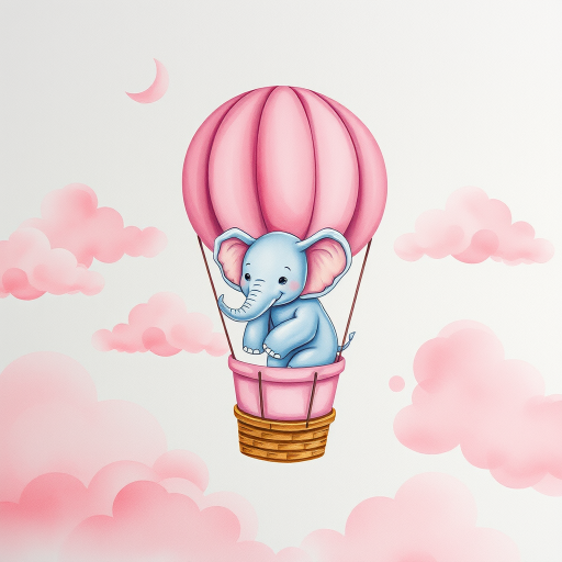 a whimsical watercolor illustration of an elephant in a pink hot air balloon floating among soft pink clouds and a crescent moon, taken with a Canon EOS R5, 50mm lens, f/1.8 aperture, ISO 100, soft natural lighting, high-resolution view