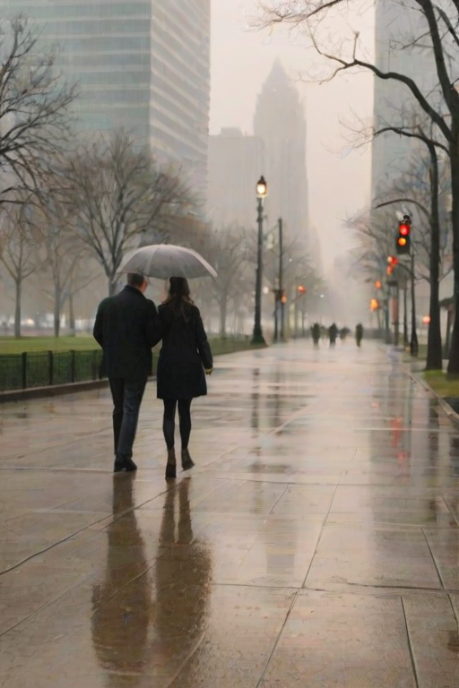 Blurry candid shot of a couple walking through a city park in the rain, soft golden light from nearby streetlamps reflecting off the wet pavement, with distant skyscrapers barely visible through the mist.