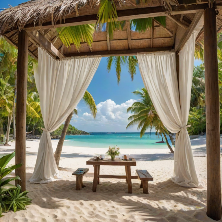Create a picturesque tropical beach scene featuring a serene, white sandy shore. In the foreground, there's a rustic wooden canopy with white drapes gently flowing in the breeze. Underneath the canopy, a table is set with tropical decor, evoking a sense of relaxation and leisure. The beach extends into a calm, shallow water area with reflections of the sky and surroundings. Palm trees and lush greenery line the edge of the beach, providing a natural, tropical backdrop. The sky is clear with a few scattered clouds, and the overall atmosphere is tranquil and inviting, perfect for a peaceful retreat.