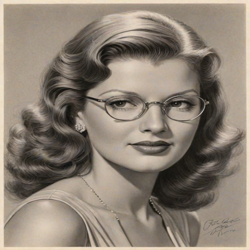 Pleasing Rita Hayworth, pencil sketch, portrait of Fetching woman 1928s in glasses, hair style beatnik, outline, clear lines, fine lines, 8k