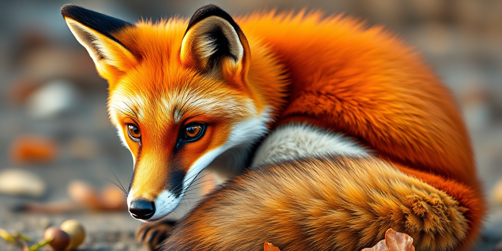 Create a highly detailed and colored illustration of a fox sitting gracefully, focusing on its expressive eyes and fluffy tail, shot with a DSLR camera at f/2.8, 50mm lens, macro view, soft natural lighting to enhance texture and depth.