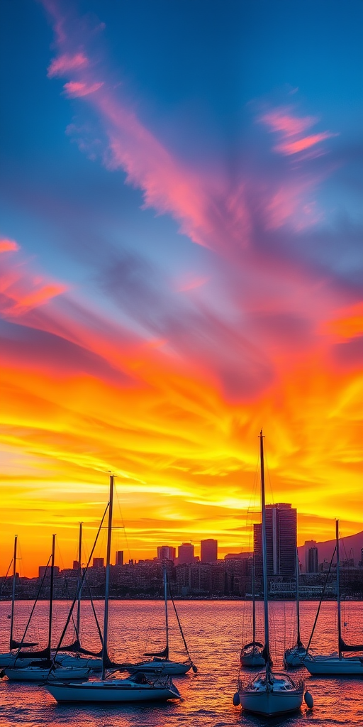 generate a vibrant sunset over a coastal city skyline with sailboats in the foreground using a DSLR camera, 24mm lens, f/8 aperture, ISO 200, 1/125 second exposure, HDR style, wide-angle view, capturing rich colors and details in the sky and water