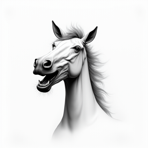 Abstract black and white acrylic portrait of an over exaggerated laughing (horse). Minimalism style. White background.