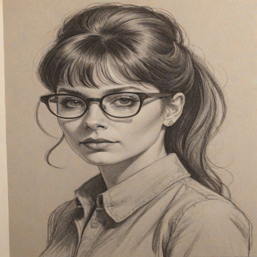 Beauteous Raven Symon', pencil sketch, portrait of Bewitching woman 1966s in glasses, hair style beatnik, outline, clear lines, fine lines, 8k