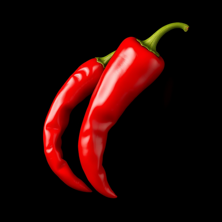 Create a high-resolution digital illustration of two vibrant red chili peppers with a contrasting black background, using a 50mm lens, f/2.8 aperture, ISO 100, and natural lighting to enhance color depth and texture, in a flat lay composition.