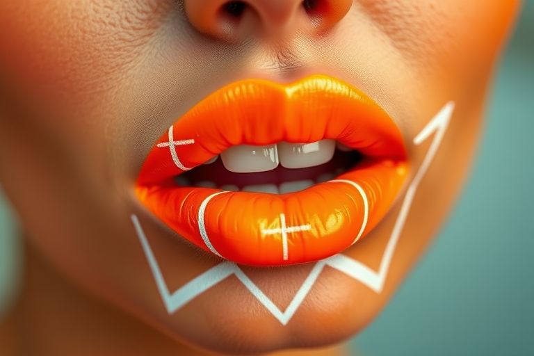 Neon orange lips with abstract geometric patterns in white, dubbed "Citrus Surge," create a bold and energetic look with a semi-matte finish for summer street style