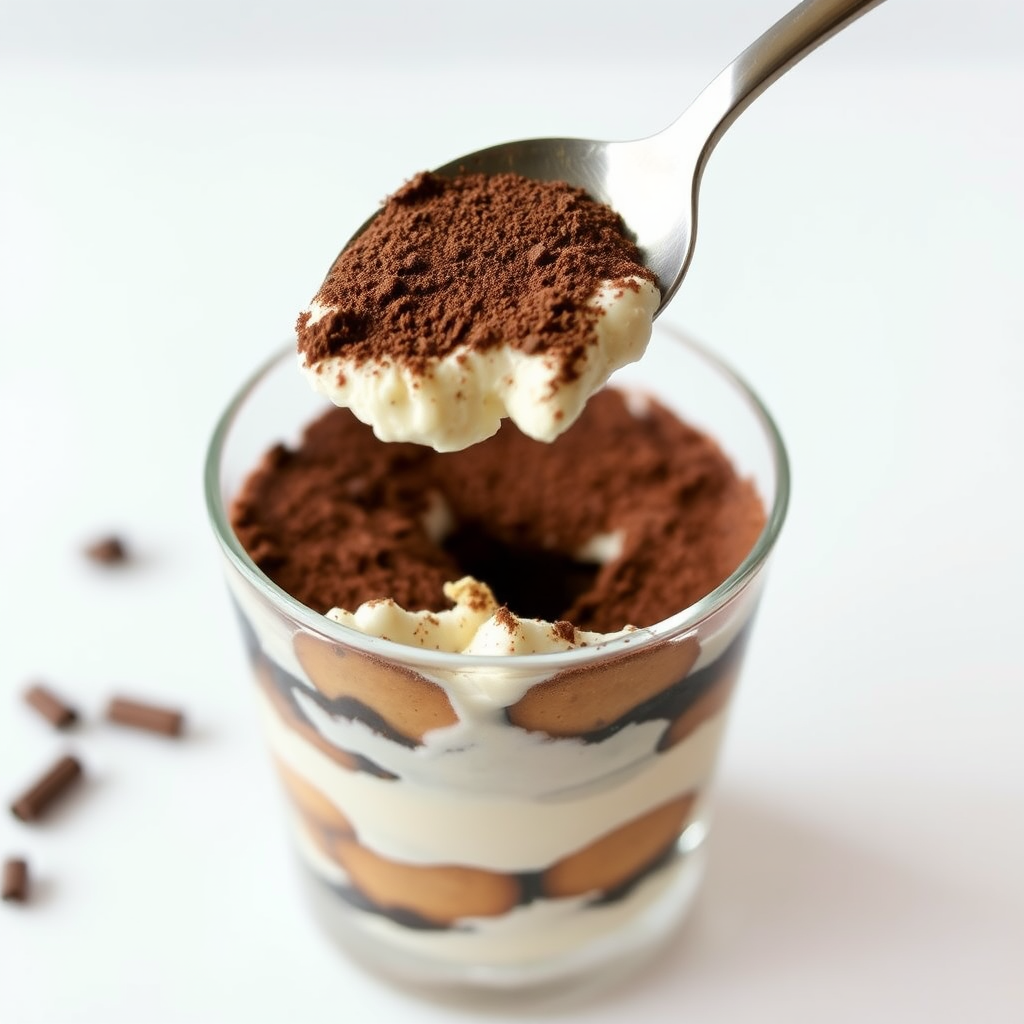 Create an image of a delicious tiramisu dessert in a clear glass. The dessert has layers of creamy mascarpone cheese and coffee-soaked ladyfingers, topped with a dusting of cocoa powder. A spoon is lifting a portion of the dessert, revealing the rich texture and layers inside. The background is minimalistic and light, emphasizing the dessert's appealing appearance.